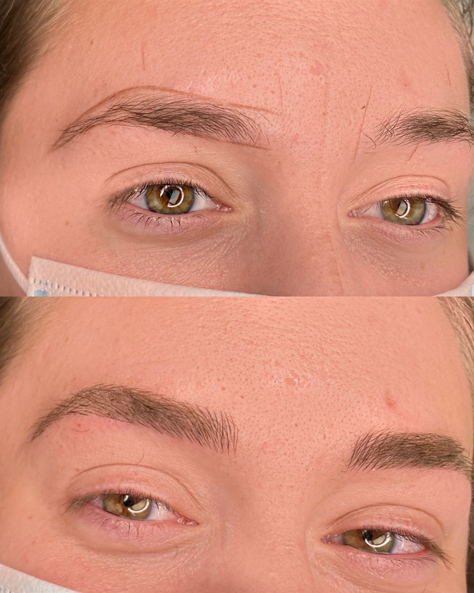 Brow mapping outline compared with healed fluffy hairstroke brows