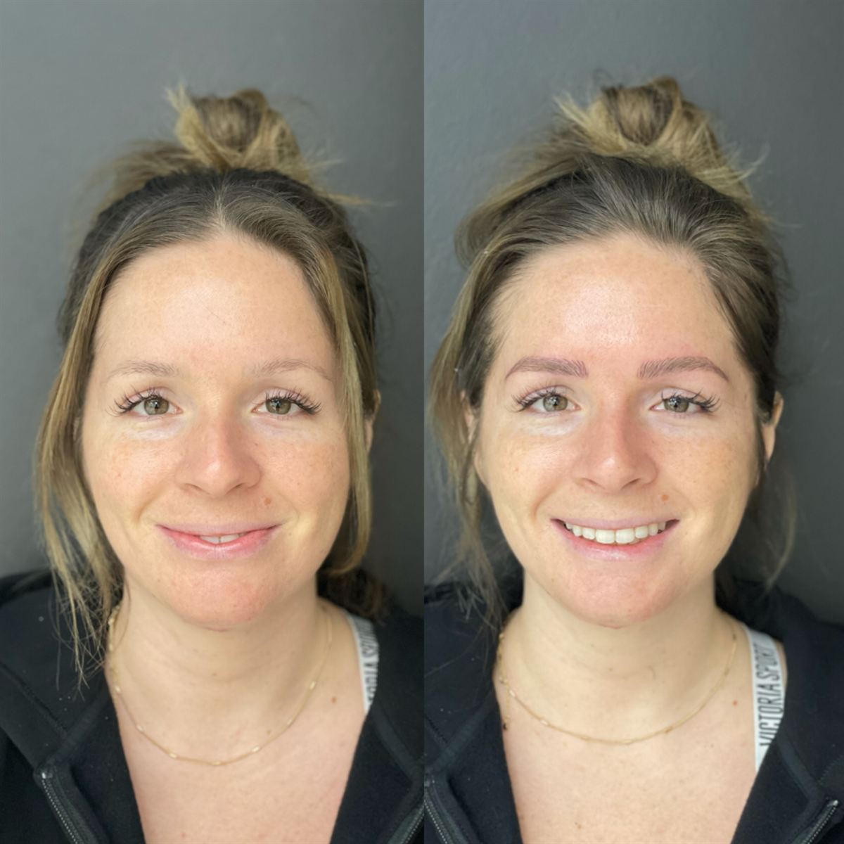 Permanent brows before and after — full face result by a matched Michigan artist