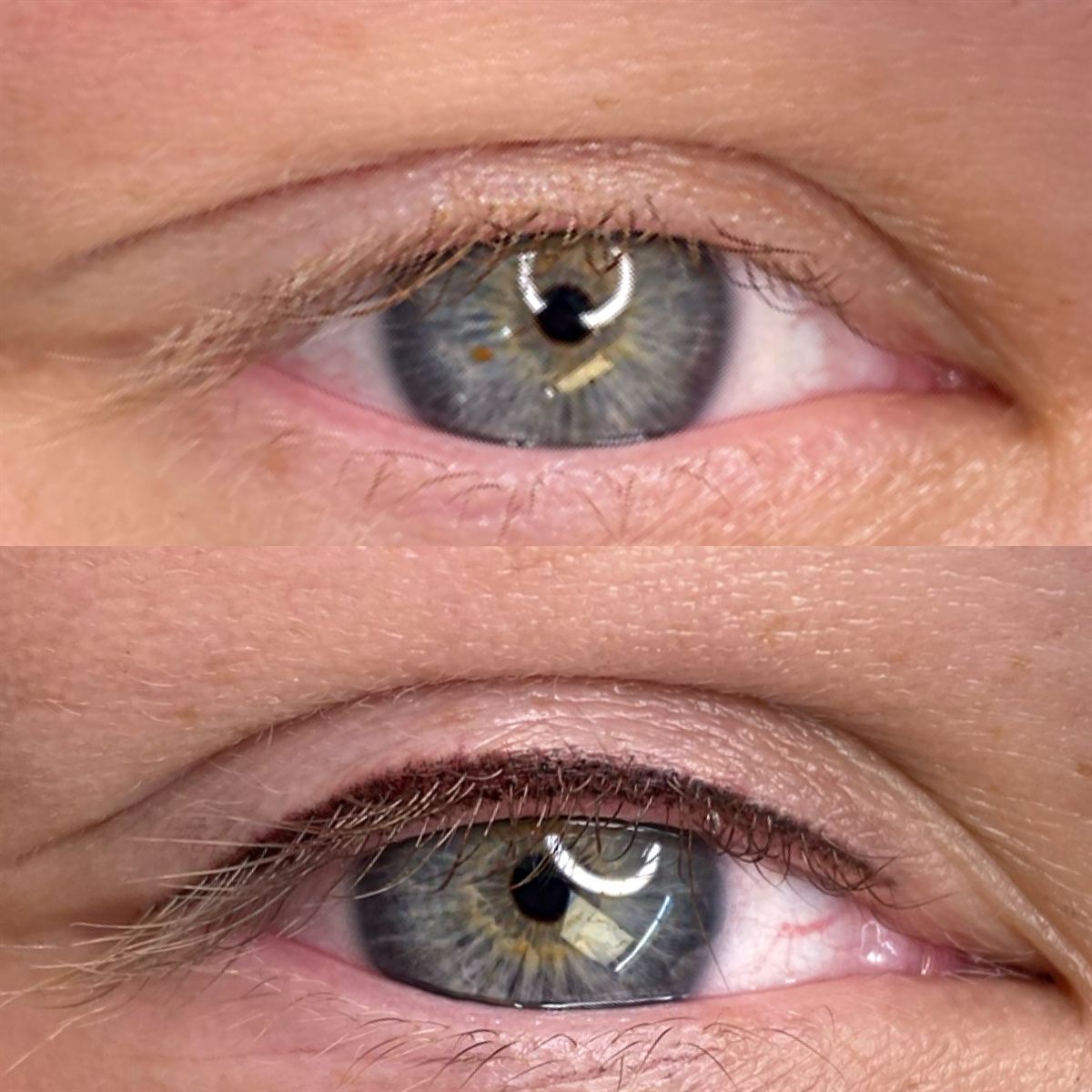 Lash line enhancement before and after on a mature eye